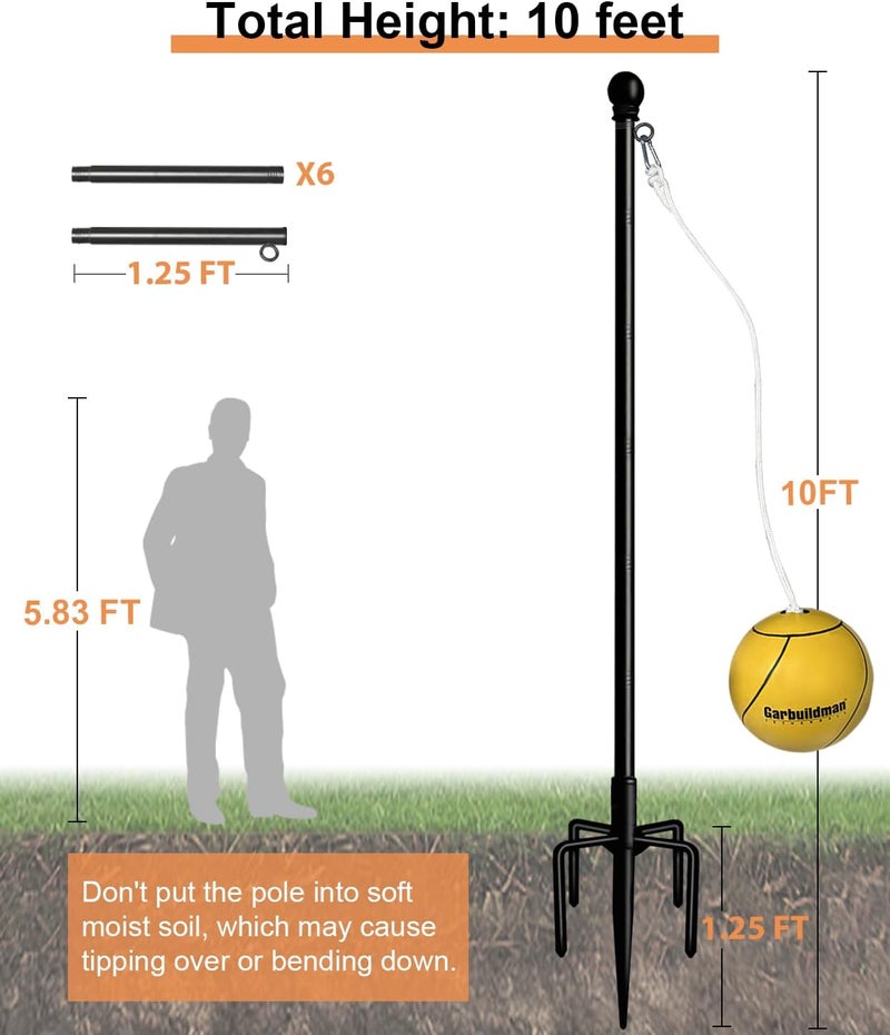 Garbuildman Tetherball Set with Ball & Rope for Outdoor Backyard, Adjustable Tether Ball Pole with Reinforced 5-Prong Base for Playground, Outside Ball Games Sports for Kids & Adults, Black - Image 2